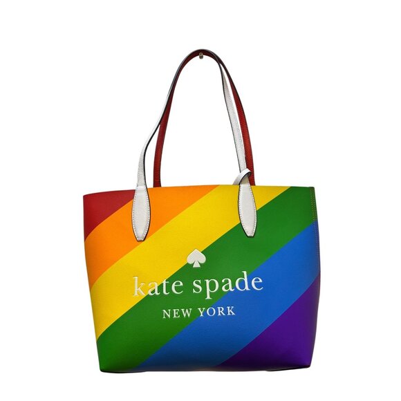 Kate Spade New York Rainbow Striped Leather Tote Bag With Red & White Handles - Picture 6 of 10